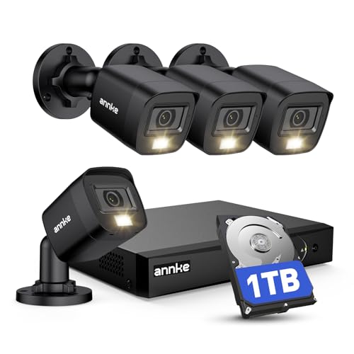 ANNKE DVR 8CH 5MP Lite H.265+ avec 4X 1080p Caméras Étanches, 2MP Kit de Surveillance Filaire avec Détection Personne/Véhicule, Vision Nocturne en Couleur, Accès à Distance, Disque Dur 1To, IP67