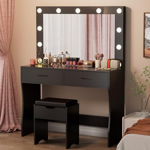 Image of Furmax Vanity Desk Set with Large Lighted Mirror, 35.4 Inch Makeup Vanity Table with 2 Drawers, Cushioned Storage Stool, 3 Lighting Modes Brightness Adjustable, Dressing Table for Bedroom (Black)