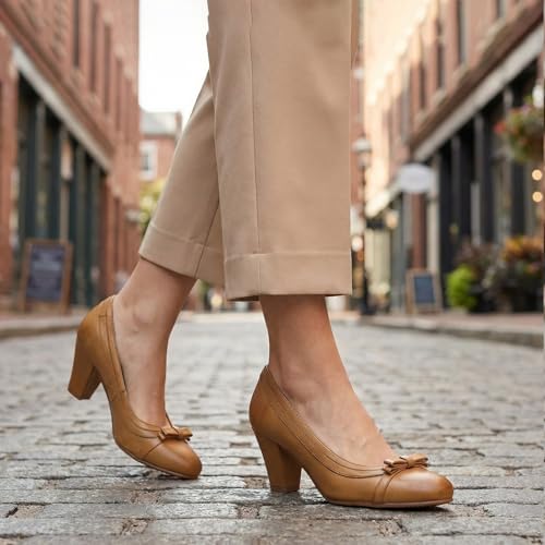 Image of Mona flying Women's Leather Chunky Pumps Dress High Heel Office Work Shoes
