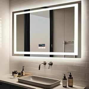 LUVODI Badspiegel mit Beleuchtung Bluetooth: 100x70cm Badezimmerspiegel mit Uhr, Temperatur, Datum, Entfoggen, Dimmbar, 3 Lichtfarben, Speicherfunktion, LED Spiegel Bad Wasserdicht