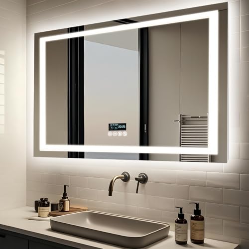 LUVODI Espejo Baño Led Bluetooth, 100x70cm Espejo Baño con Luz Rectangular, Espejos Grandes de Pared con Función Antivaho, Memoria, 3 Colors, Regulable, Reloj, Temperatura, Fecha, 4 Botones, IP66