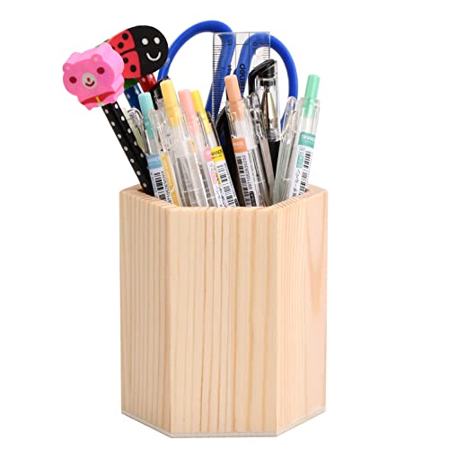 Pot à Crayons Hexagone En Bois, Porte Stylo de Bureau en Bois, Crayon Support Organiseur, Pen...