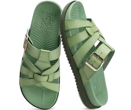KuaiLu Gladiator Sandals for Women Comfortable Arch Support Summer Beach Vacation Walking Flats Orthopedic Strappy Slides Boho Dress Outfits Fisherman Slip on Cushion Leather Shoes Olive Green Size 8
