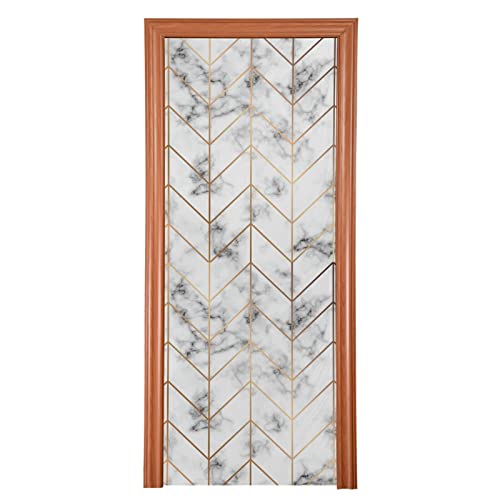 Modern Luxury Black White Marble Texture with Golden Geometric Lines Door Cover, Washable Fabric Durable Door Decoration Silk Microfiber for Front Door Porch Home Indoor Outdoor Party 36x98 inches