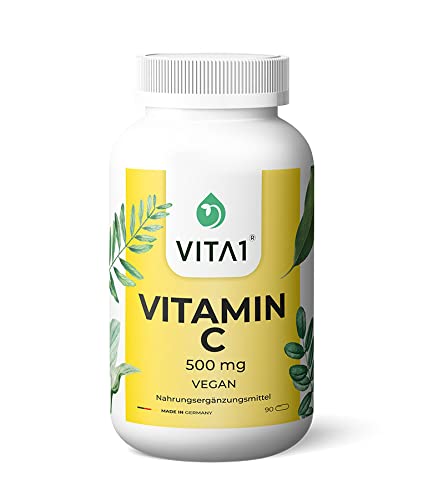 VITA1 Vitamine C 500 mg • 90 capsules (alimentation pour 3mois) • Sans gluten, kosher et halal • Fabriqué en Allemagne