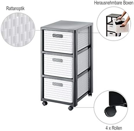 Rotho, Country, Rolling container with 3 drawers in rattan look, Plastic (PP) BPA-, white, 3 x A4/18l (37,5 x 32,5 x 71,2 cm)