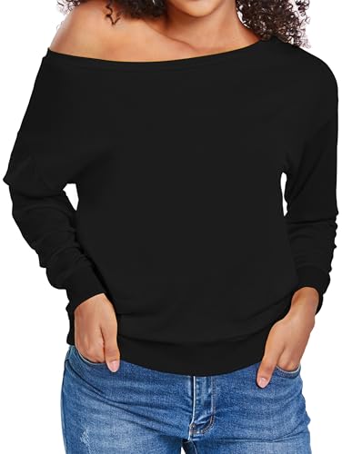 AM CLOTHES Sweatshirt for Women Off The Shoulder Tops Long Sleeve Sweatshirts Oversized Sweaters Shirts 3X-Large Solid Black