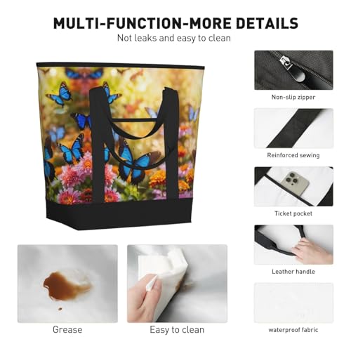 blue butterfly and Flowers Print Tote Bag Adult Heavy Duty For Picnic Beach Camping Large Capacity Insulated Tote Bag4