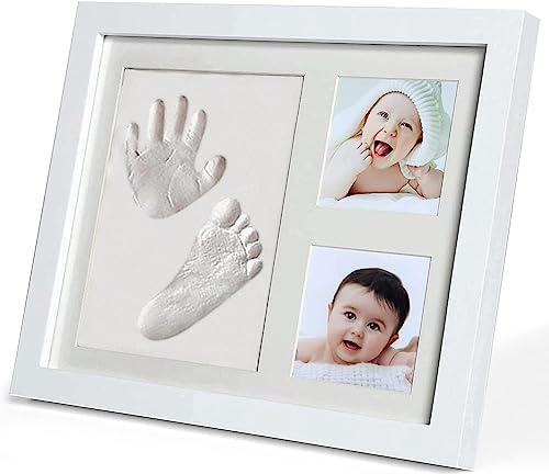 PewinGo Baby Handabdruck und Fußabdruck Set, 100% babysichere Tonmasse, Verbesserter Massivholz Baby-Erinnerungsrahmen, Geschenk zur Babyparty und Weihnachten-Weiß