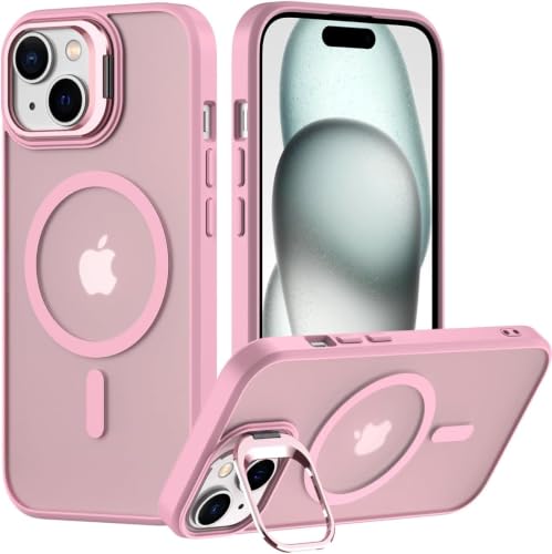 Image of Elzzi Kickstand Case for iPhone 15 Case Compatible with MagSafe, Built-in Adjustable Camera Guard Stand, Translucent Matte Anti-Fingerprint Heavy Duty Shockproof Phone Cover - Pink