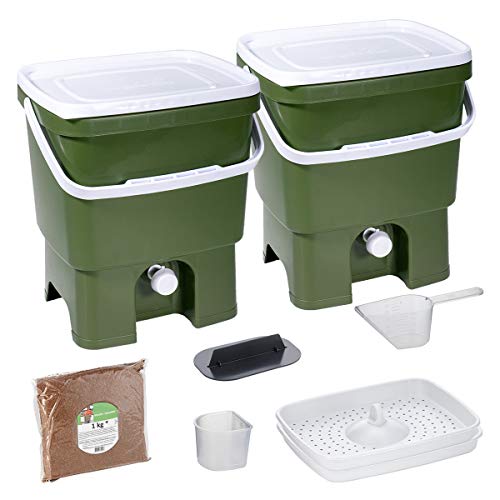 Skaza Bokashi Organko Set (2 x 16 L) Compostador 2X de Jardín y Cocina de Plástico Reciclado | Starter Set con Bokashi Organko Polvo 1 Kg. (Oliva-Blanco)