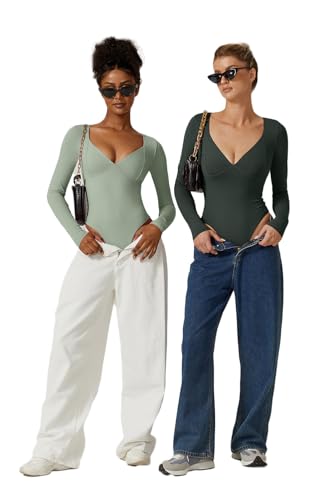 Image of QINSEN Women's Long Sleeve Bodysuit V Neck Body Suits Seamed Cup Going Out Tops Shirt