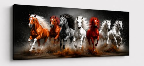Image of 7 Horse Vastu Sunrise Canvas Painting | Positive Energy Wall Decor | Big Size Premium Running Horses Artwork for Home, Office & Hall Decoration (Modern, Sand Horse, 44x20 Inch)