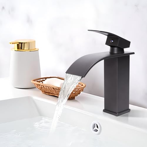 FALSKT Grifo Lavabo Cascada Grifo de Lavabo Baño Grifos para Lavabos de Baño Grifo Monomando Lavabo con Altura de Pico de 110 MM Grifo Cascada con manguera de Salida Caliente y Fría Gris