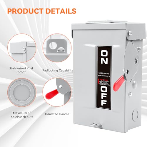 30 Amp Disconnect Switch,3 Pole Safety Switch,Non-Fusible,Indoor&Outdoor,Meeting NEMA 3R Standards,Galvanized Steel，Anti Corrosion and Rust Prevention,10-Year Warranty