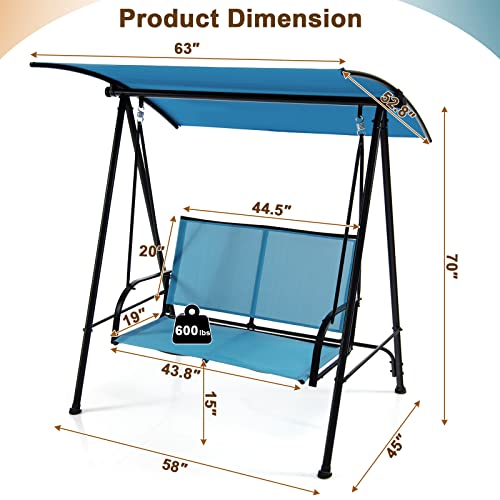 Image of Tangkula 2 Person Porch Swing, Patio Swing with Adjustable Canopy, Comfortable Fabric Seat & Heavy-Duty Steel Frame, Outdoor Canopy Swing for Patio, Garden, Poolside (Navy Blue)