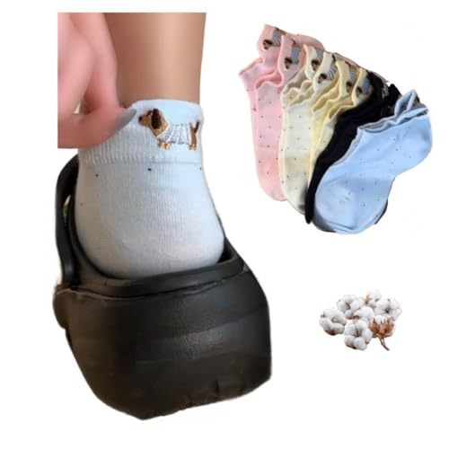 Cute Dog Embroidery Crew Socks Girls Cotten Dachshund Design Lightweight Preppy Style Campus Casual Breathable Comfort