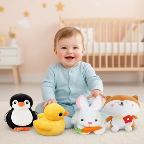 Image of Plush Toy Set for Kids (Pack of 4) - Soft Stuffed Duck, Bunny, Penguin & Flower Cat Characters | Cute Huggable Plushies for Boys & Girls | Gift Toy for Playtime & Bedtime