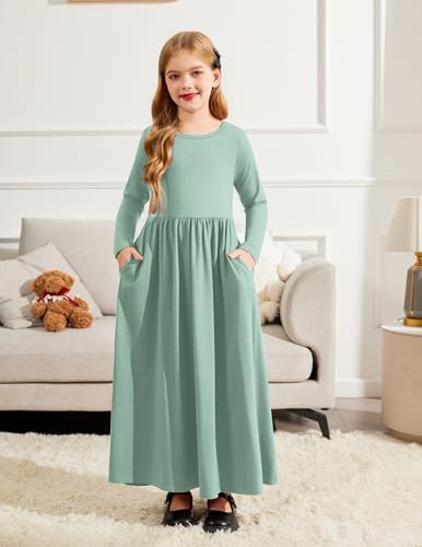Image of Arshiner Girls Maxi Dress Long /Short Sleeve Casual Holiday Dress with Pockets for 5-13 Years