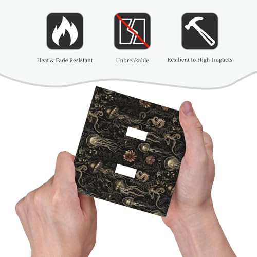 Decorative Switch Plate Covers Black Gold Jellyfish Squid Deep Sea Creatures 2 Gang Light Switch Cover Plate Unique Double Toggle Wall Plate Outlet Covers for Bedroom Home Decor