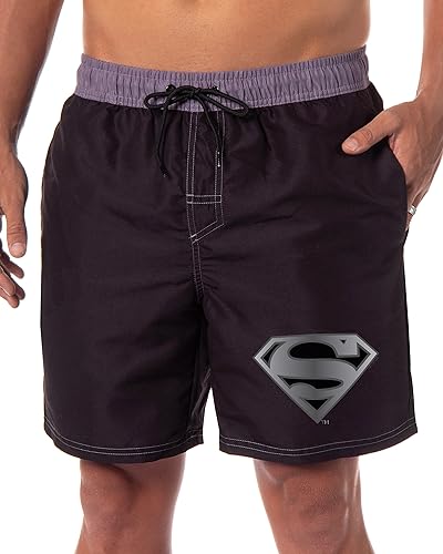 DC Comics Superman Men's Swimming Trunks Pool Waterpark Board Shorts Mesh Netting Elastic Waistband (Small) Black