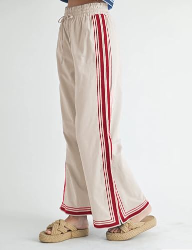 Womens Wide Leg Pants Drawstring Elastic Waist Striped Palazzo Pants with Pockets2