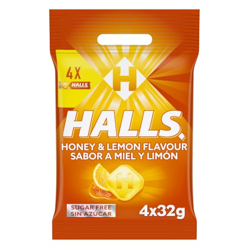 Halls Caramelos Sabor Miel y Limón, Sin Azúcar, Paquete de 4 x 32 g | Caramelos sin azúcar con sabor a miel y limón y efecto refrescante, perfectos para disfrutar de frescor en cualquier momento