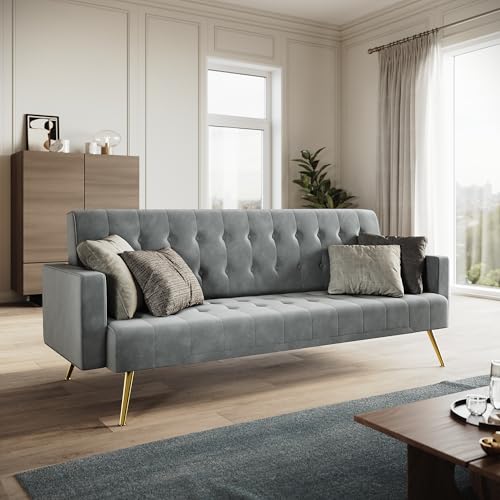 ELEGANT Grey Velvet Sofa Bed, Modern 3 Seater Click Clack Luxury Sofas Settee Recliner Couch with Square Armrest, Button Tufted Seat Cushion, Lounge Compact Sofa for Living Room, Bedroom, Apartment