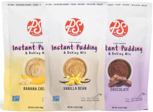 Plant Based Instant Pudding by P.S. Snacks (Variety Pack of 3, Vanilla Bean, Chocolate and Banana Cream), Dairy Free, Gluten Free, Soy Free, 70% Less Sugar, Vegan, Baking Mix