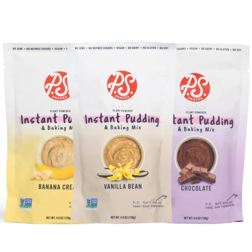 Plant Based Instant Pudding By P.s. Snacks (Variety Pack Of 3, Vanilla Bean, Chocolate And Banana Cream), Dairy Free, Gluten Free, Soy Free, 70% Less Sugar, Vegan, Baking Mix #TOP12