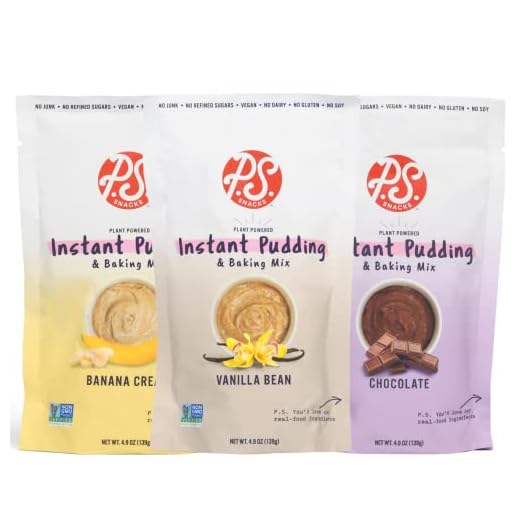 P.S. Snacks Instant Pudding & Baking Mix (Variety Pack of 3, Vanilla Bean, Chocolate and Banana Cream), Plant Based, Gluten Free, 70% Less Sugar, Dairy Free, Vegan