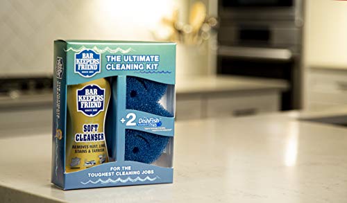 Bar Keepers Friend Ultimate Cleaning Kit | Soft Cleanser Liquid (26 Oz) & Two Dishfish Scrubbers | Multipurpose, Stainless Steel, Rust, Soft Cleaner With Heavy Duty Non Scratch Dishfish Scrubbers #TOP4