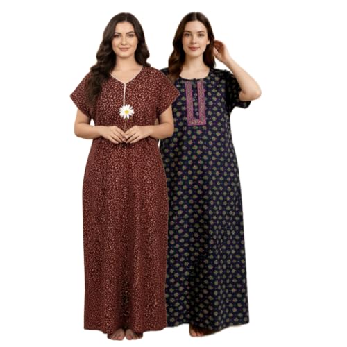 Image of Bahumaan Nighty for Women Cotton Combo Pack of 2 | Free Size Gown for Women Cotton with Side Pocket | Nighties for Women Pure Cotton Combo Stylish | Maxi Sleepwear