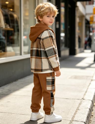 Image of Toddler Boy Clothes Plaid Hooded Shirt White T-shirt Top and Solid Color Pants 3Pcs Winter Boys Clothes