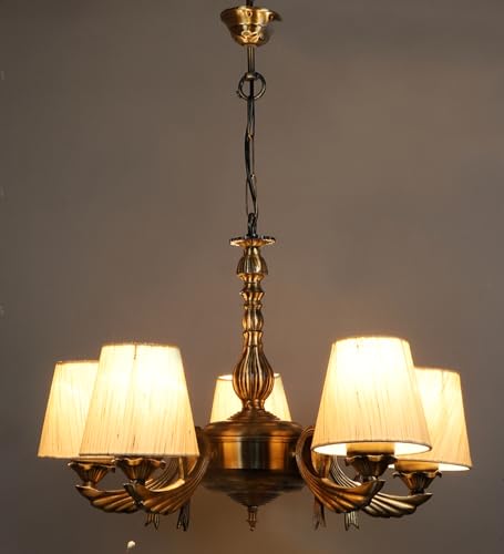 Image of Devansh 05-Light Conical Off-White Cotton Shade Chandelier - Antique Golden Finish | Adjustable Cord | Warm Glow Lamp - Ceiling Light for Living Room, Dining Area, Bedroom & Entryway Decor - D9