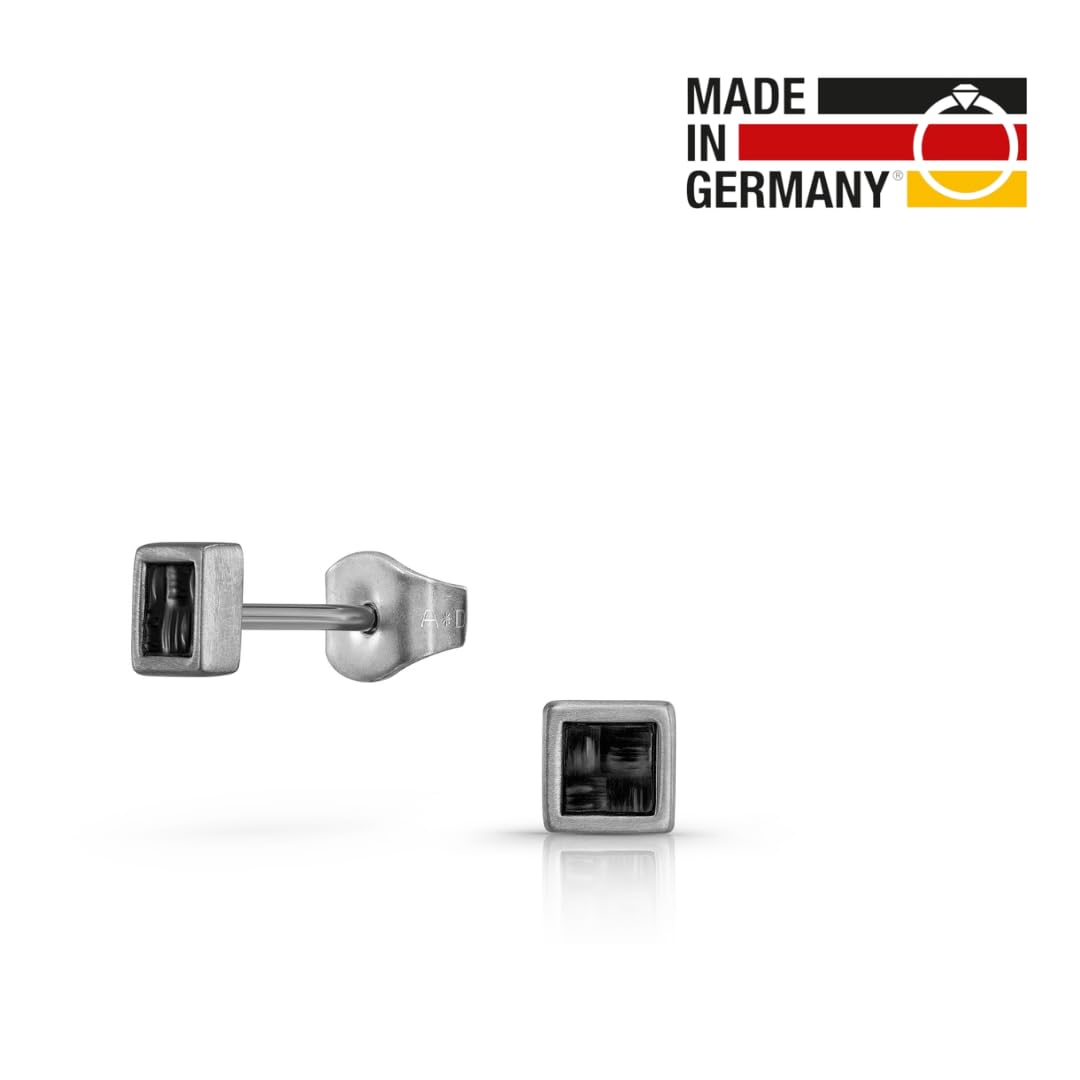 Traveller Ohrstecker - Herren - Edelstahl - Karbon - Quadrat - Silberfarben & Schwarz - Made in Germany - 4 mm - 171019