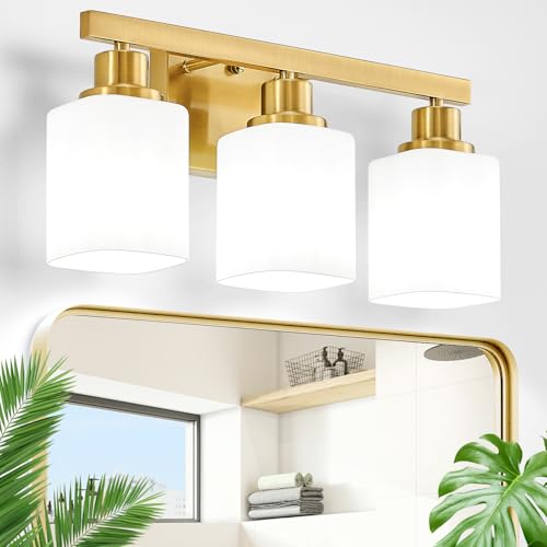 Image of Bathroom Vanity Light,3-Light Gold Modern Bathroom Light Fixtures with Square Frosted Glass,Gold Wall Lamp Sconces for Mirror Bedroom,Living Room Hallway, E26