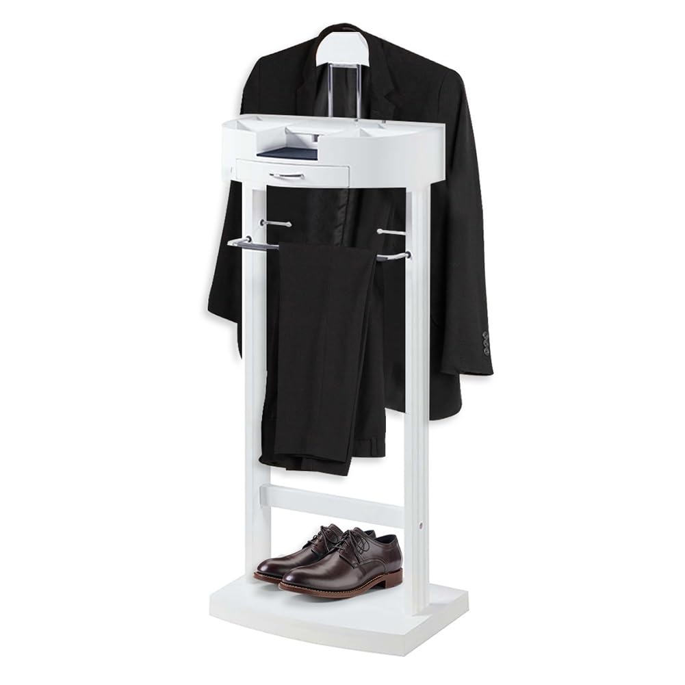 Wood Suit Valet Stand With Drawer Top Tray Freestanding Clothes Valet Stand With Contour Hanger Trouser Bar Tie &amp; Belt Hooks And Base Shoe Rack Clothes Rack For Living Room Organizer Storage (White)
