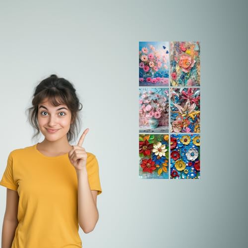Image of SiddArtify Floral Impasto Painting Set - Pink Blue and Red Flower - Set of 2-4x6 Inch - Board (Pack of 6) - Sticker (Pack of 6) Wall Room Decoration art Poster Prints