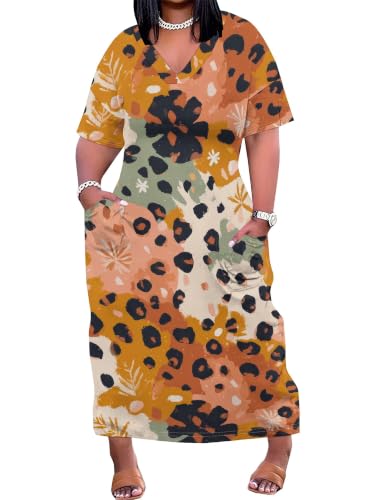 Image of PinkPatty Women's Plus Size Short Sleeve Maxi Dress Casual Loose V Neck Long Dress with Pockets