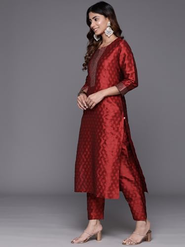 Image of Varanga Women Embroidered Straight Kurta Pant Set with Dupatta | Silk Blend Fabric | 3 /4 Sleeve Round Neck | Lightweight Comfortable Summer Wear