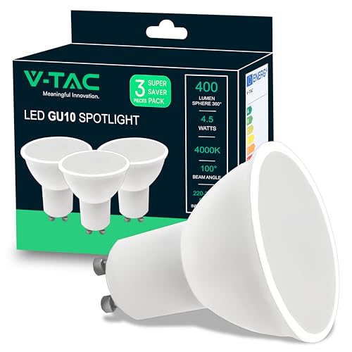V-TAC 3x Bombillas LED GU10-4,5W (Equivalente a 35W) - 400 Lumen - Apertura del Haz de Luz 100° cubierta satinada - Bombilla Máxima Eficiencia y Bajo Consumo - 4000K Blanco Neutro