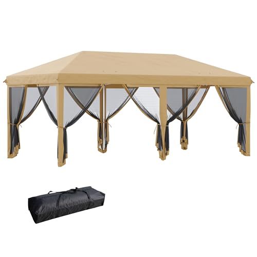 Outsunny Carpa Plegable 6x3 m Cenador de Jardín Gazebo con 6 Mosquiteras Bolsa de Transporte y Marco de Acero para Camping Fiestas Beige