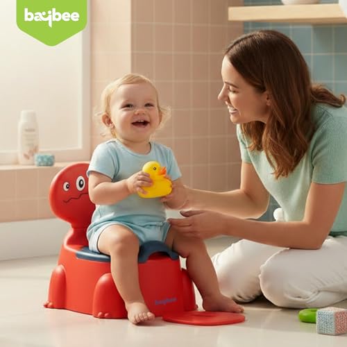 Image of Baybee 2 IN 1 Dino Baby Potty Training Seat for Kids 6+ Months | Western Toilet Seat with Anti Slip Base, Detachable Bowl & Highback Support | Baby Toilet Chair | Portable Potty Seat for Kids (Red)