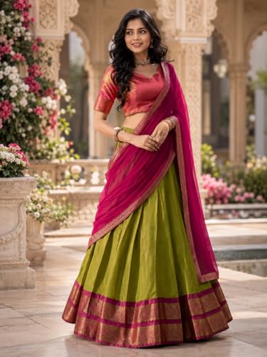 Image of RENVAANI Women's Traditional Kanjivaram Kanchipuram Silk Zari Weaving Unstitched Lehenga Choli with Dupatta