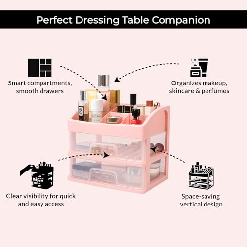 Image of ALOXE Makeup Organisers & Storage Box | Space Saving Makeup Organizer Stand for Dressing Table & Skincare Storage (2-Tier Pink)