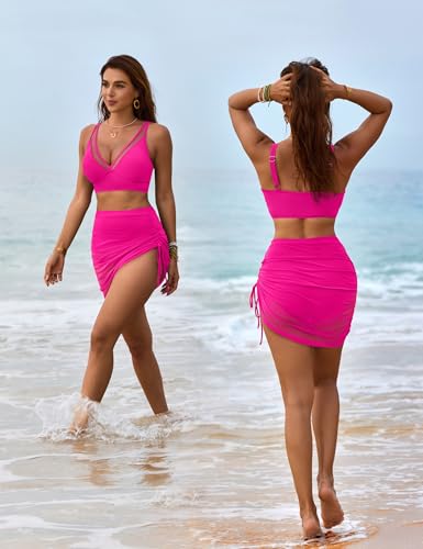 Image of Blooming Jelly Womens Swim Skirt High Waisted Bikini Sets Tummy Control Swimsuits Mesh Sarong Wraps Bathing Suits