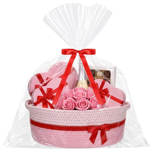 Image of Colingmill 1 Set Woven Basket for Gift Empty with Cellophane Wrap Set 14 x 10 x 5.5 Inch, Medium Decorative Gift Basket Empty to Fill, Cotton Rope Storage Box Decor (Pink Red)