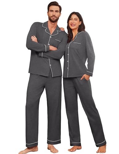 Ekouaer Matching Pjs for Couples Cotton Pajama Sets Men's Soft Loungewear Relaxed Fit Long Lounge Pants Set,Dark Grey,XL