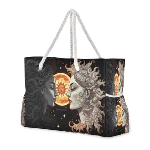 Sun and Moon Beach Bag with Top Zipper Closure, Waterproof Pool Bag, Large Beach Tote for Women#485